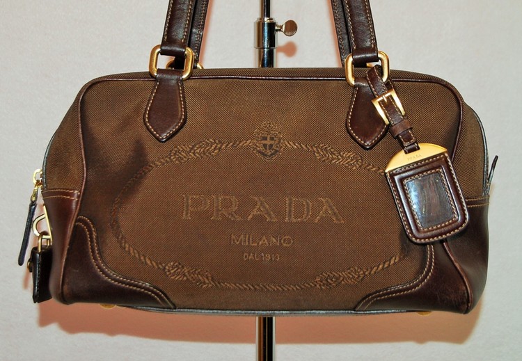 Prada Logo Jacquard Fabric and Leather Bag