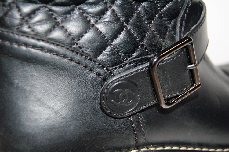 Chanel black leather quilted biker boots