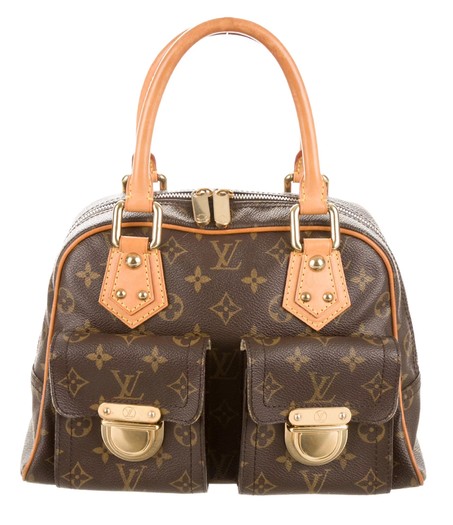 LOUIS VUITTON MANHATTAN PM BAG, monogram leather with leather handles and  beige alcantara lining, two pockets with push lock closures gold tone  hardware, double zip closure, 29cm x 10cm x 23cm with